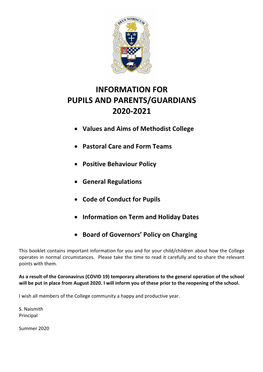 Information for Pupils and Parents/Guardians 2020-2021