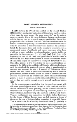 NONSTANDARD ARITHMETIC1 1. Introduction. in 1934 It Was Pointed