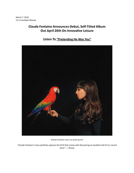 Claude Fontaine Announces Debut, Self-Titled Album out April 26Th on Innova8ve Leisure