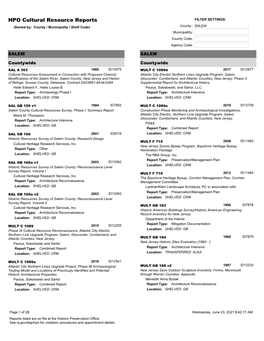 HPO Cultural Resource Reports FILTER SETTINGS: (Sorted By: County / Municipality / Shelf Code) County:: SALEM Municipallity: County Code: Agency Code