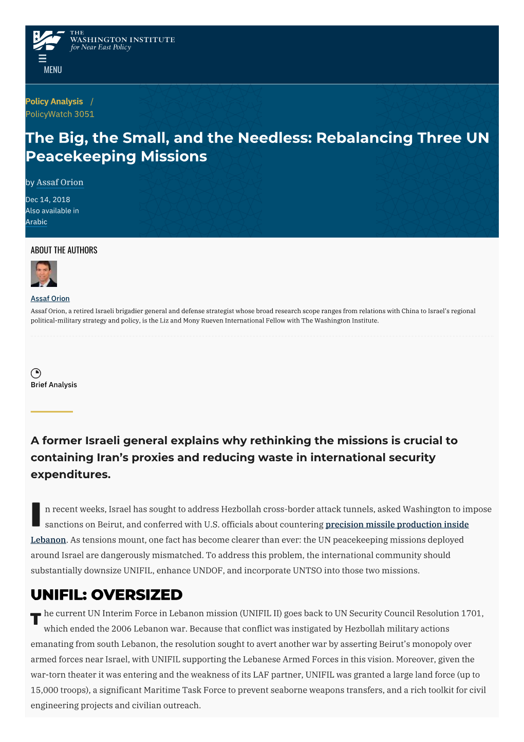Rebalancing Three UN Peacekeeping Missions by Assaf Orion
