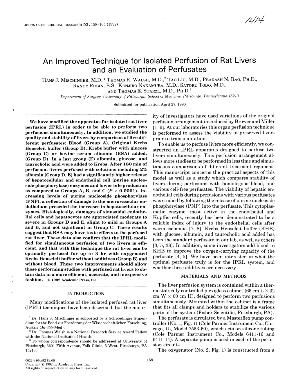 An Improved Technique for Isolated Perfusion of Rat Livers and an Evaluation of Perfusates HANS J