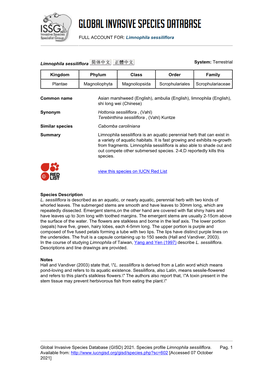 (GISD) 2021. Species Profile Limnophila Sessiliflora. Pag