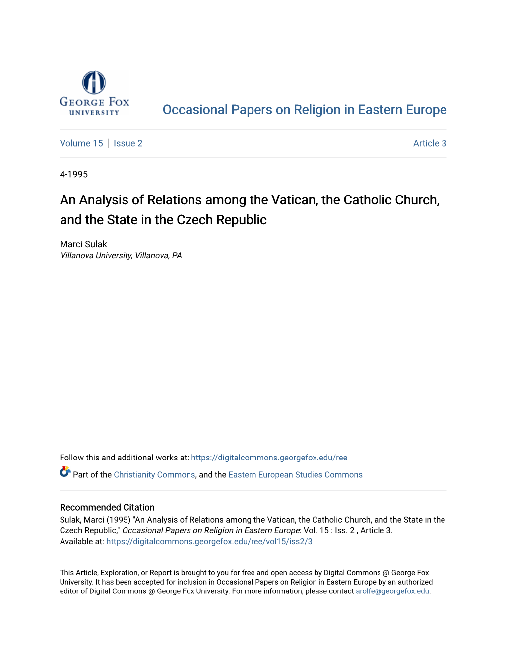 An Analysis of Relations Among the Vatican, the Catholic Church, and the State in the Czech Republic