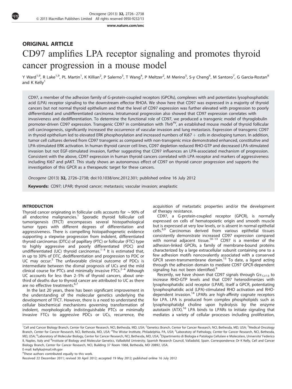 CD97 Amplifies LPA Receptor Signaling and Promotes Thyroid