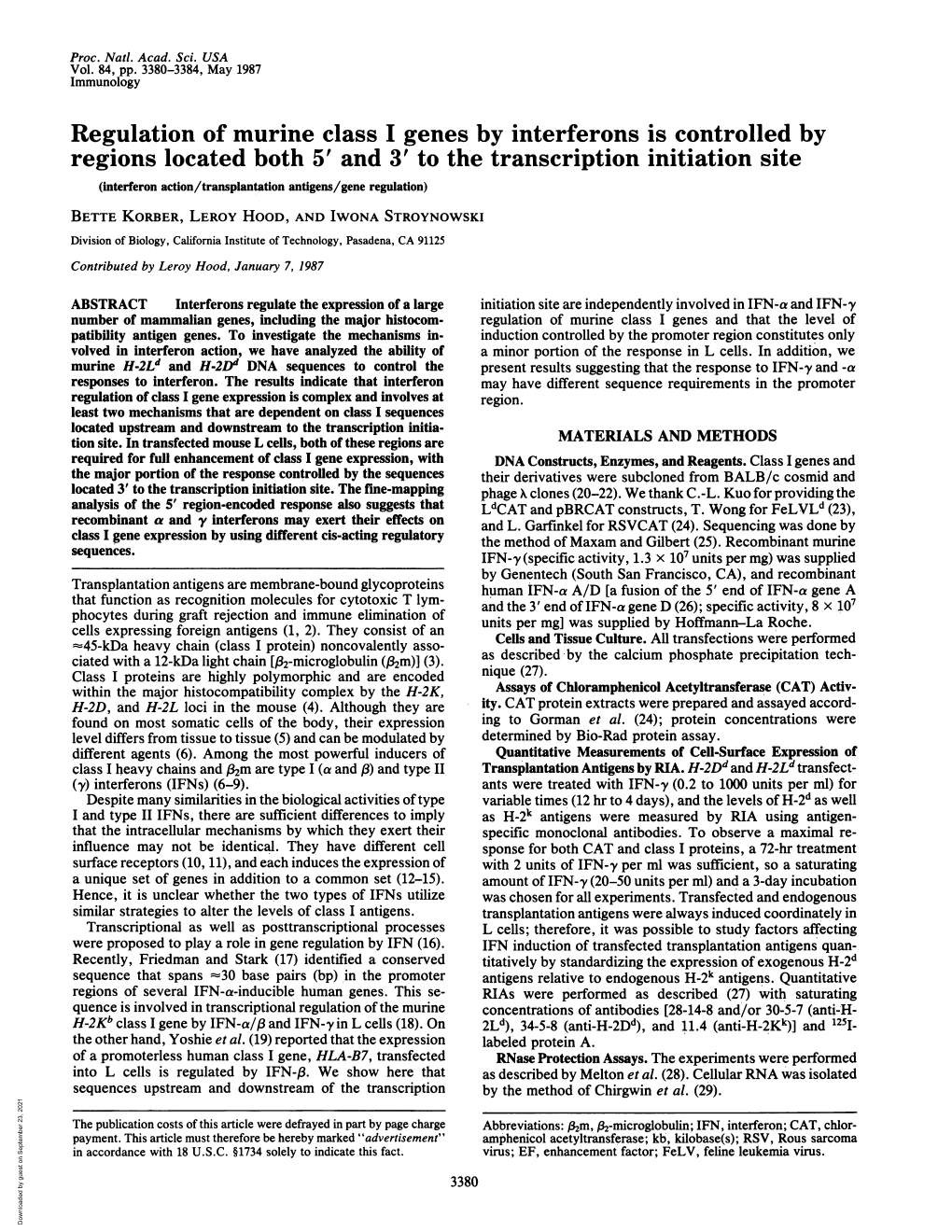 Regulation of Murine Class I Genes by Interferons Is Controlled by Regions