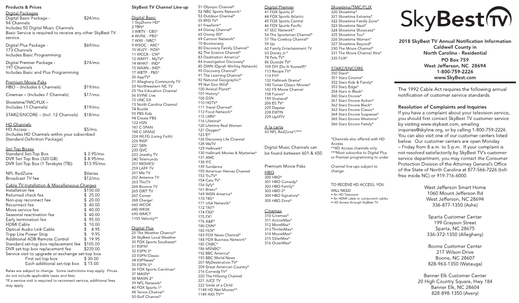 2018 Skybest TV Annual Notification Information 70 Boomerang 59 up 327 Showtime Beyond* Digital Plus Package - $69/Mo