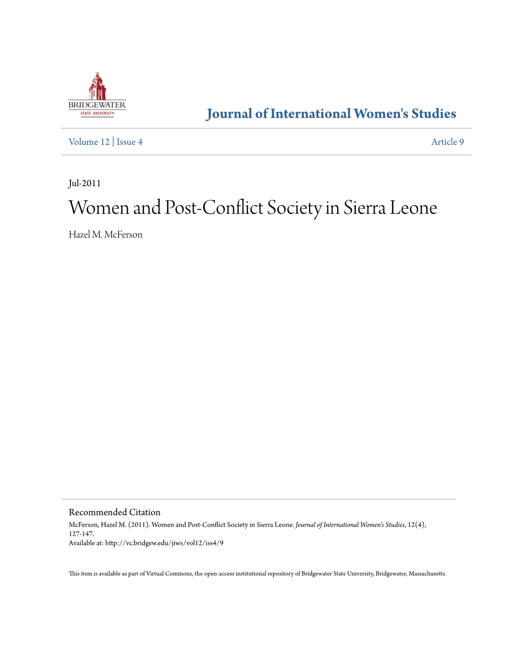 Women and Post-Conflict Society in Sierra Leone Hazel M