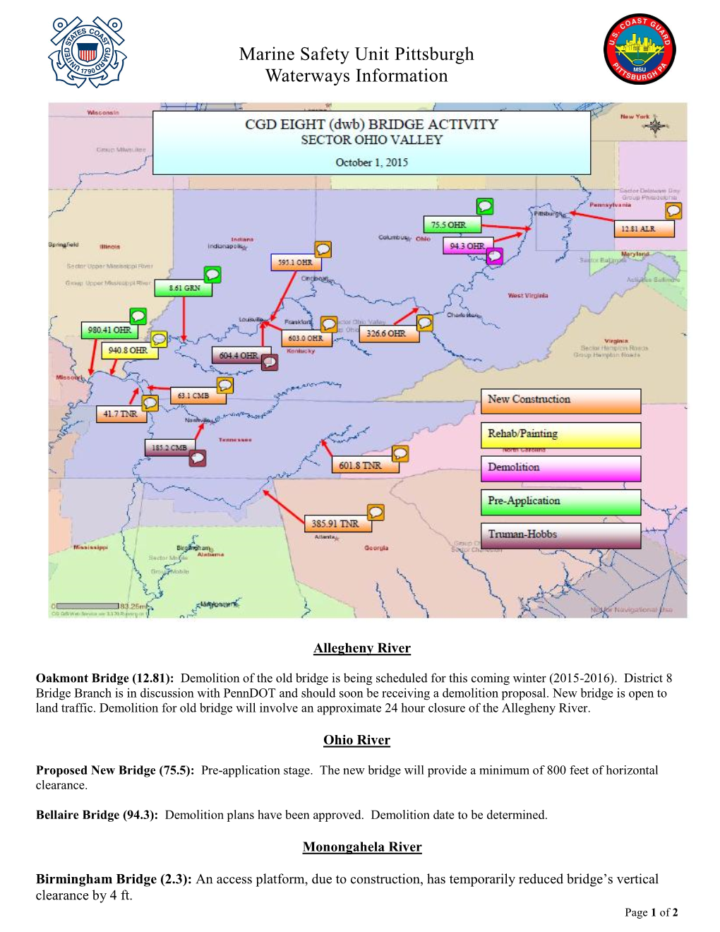 Marine Safety Unit Pittsburgh Waterways Information