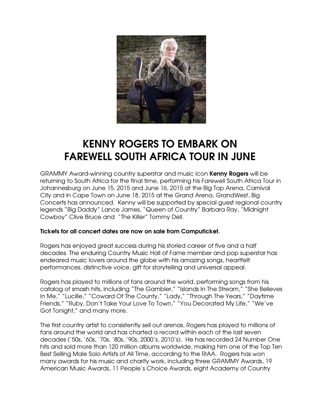 Kenny Rogers to Embark on Farewell South Africa Tour in June
