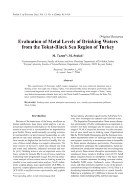Evaluation of Metal Levels of Drinking Waters from the Tokat-Black Sea Region of Turkey