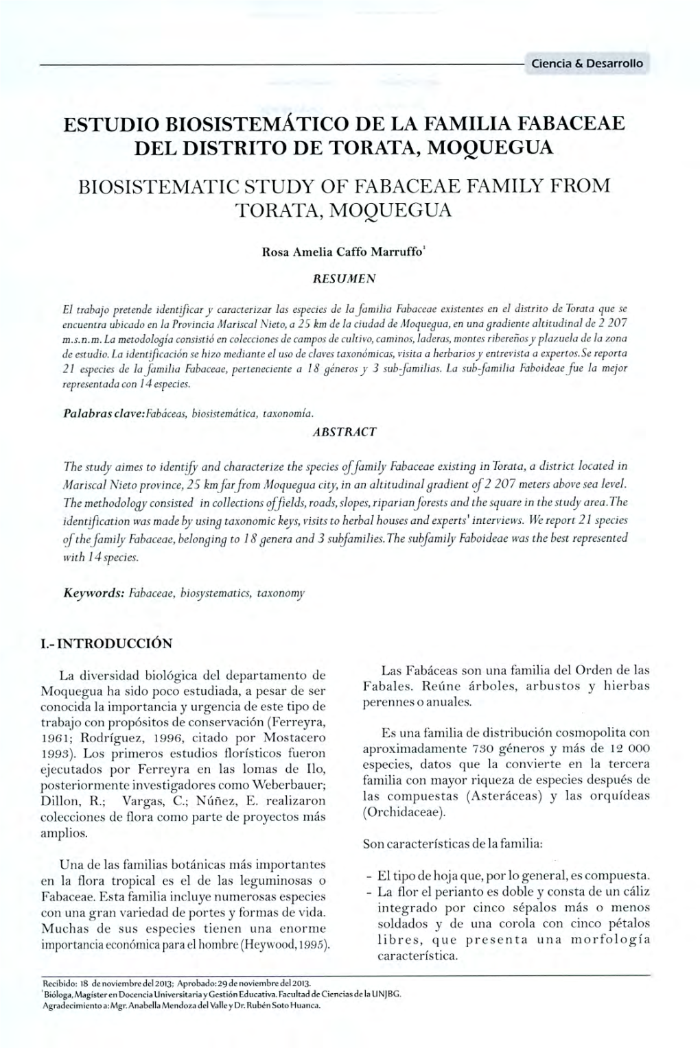 Estudio Biosistemático De La Familia Fabaceae Del Distrito De Torata, Moquegua Biosistematic Study of Fabaceae Family from Torata, Moquegua