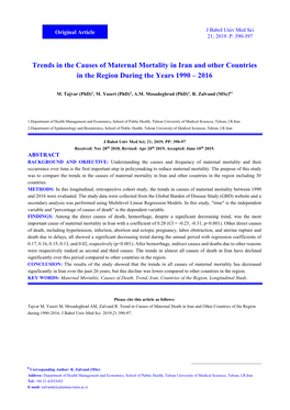 Trends in the Causes of Maternal Mortality in Iran and Other Countries in the Region During the Years 1990 – 2016