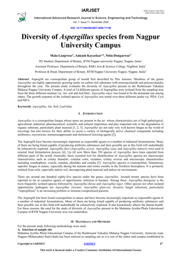 Diversity of Aspergillus Species from Nagpur University Campus