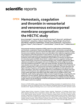 Hemostasis, Coagulation and Thrombin in Venoarterial and Venovenous Extracorporeal Membrane Oxygenation: the HECTIC Study Bruce Cartwright1,6, Hannah M