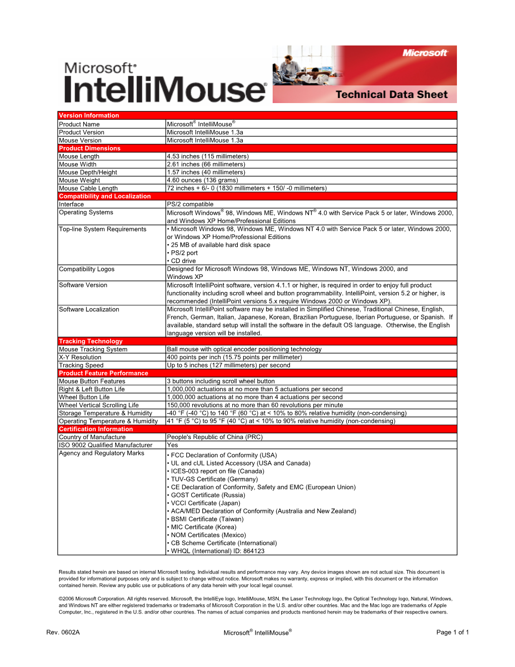 Version Information Product Name Microsoft® Intellimouse® Product