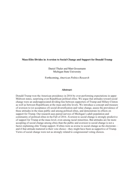 Mass-Elite Divides in Aversion to Social Change and Support for Donald Trump Daniel Thaler and Matt Grossmann Michigan State