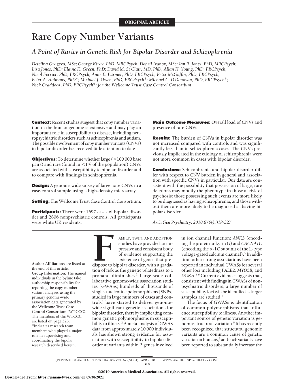 A Point of Rarity in Genetic Risk for Bipolar Disorder and Schizophrenia