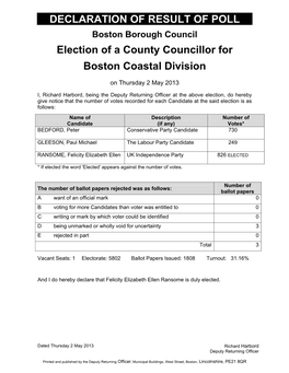 DECLARATION of RESULT of POLL Election of a County Councillor For