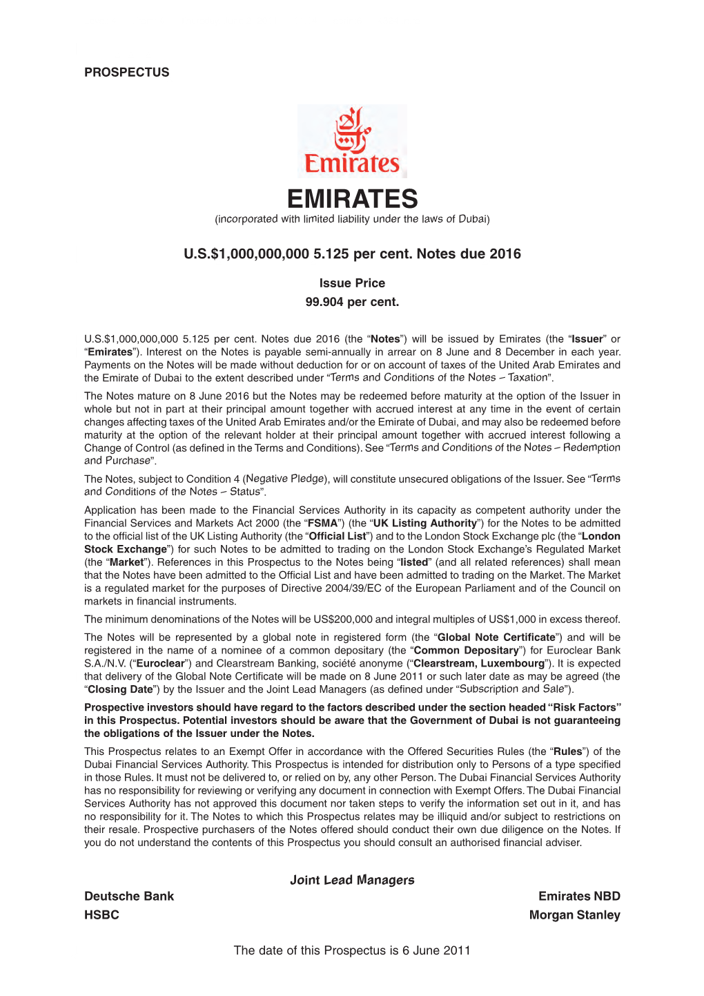 EMIRATES (Incorporated with Limited Liability Under the Laws of Dubai)