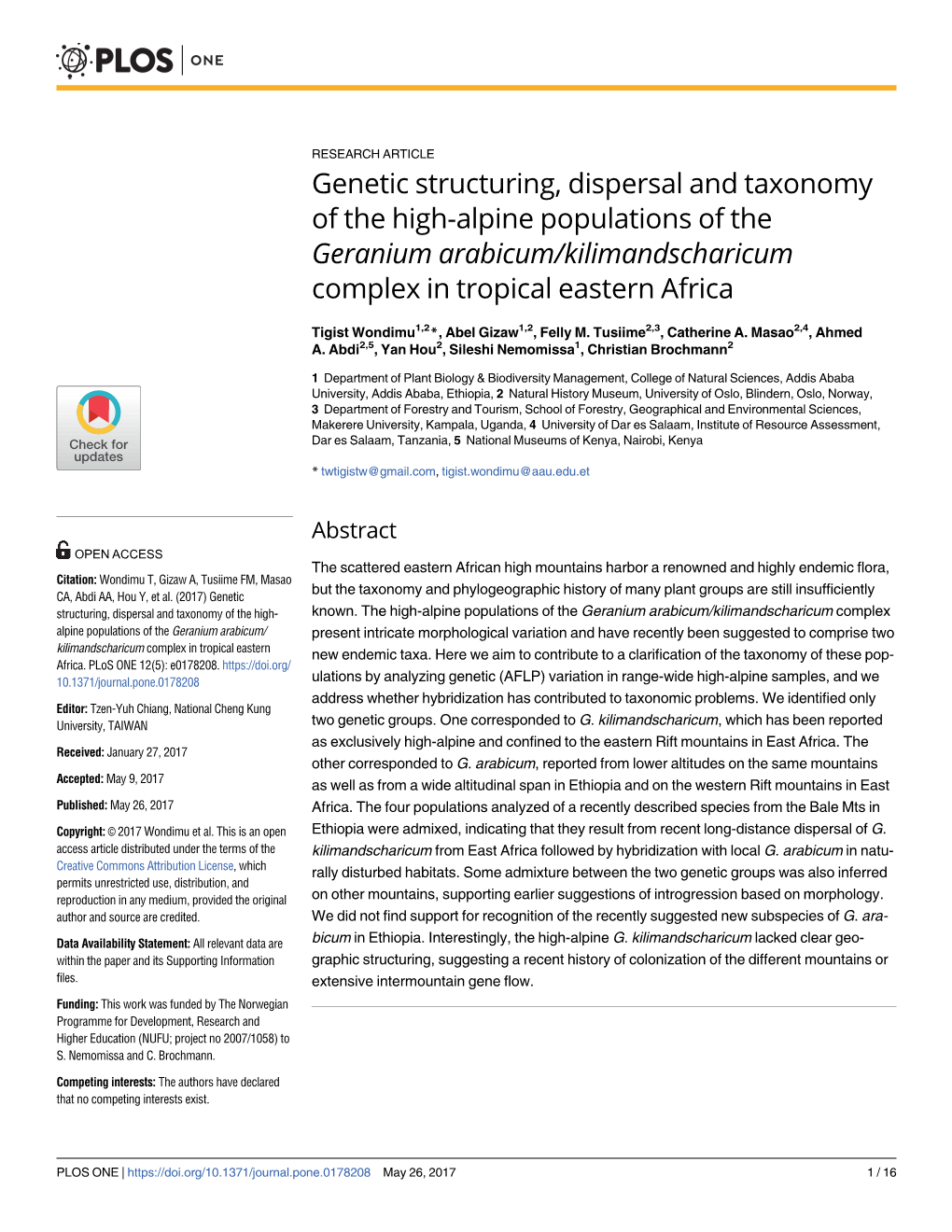 Genetic Structuring, Dispersal and Taxonomy of the High-Alpine Populations of the Geranium Arabicum/Kilimandscharicum Complex in Tropical Eastern Africa