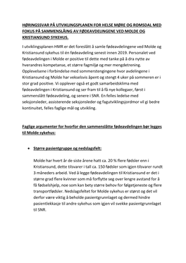 Høringssvar På Utviklingsplanen for Helse Møre Og Romsdal Med Fokus På Sammenslåing Av Fødeavdelingene Ved Molde Og Kristiansund Sykehus