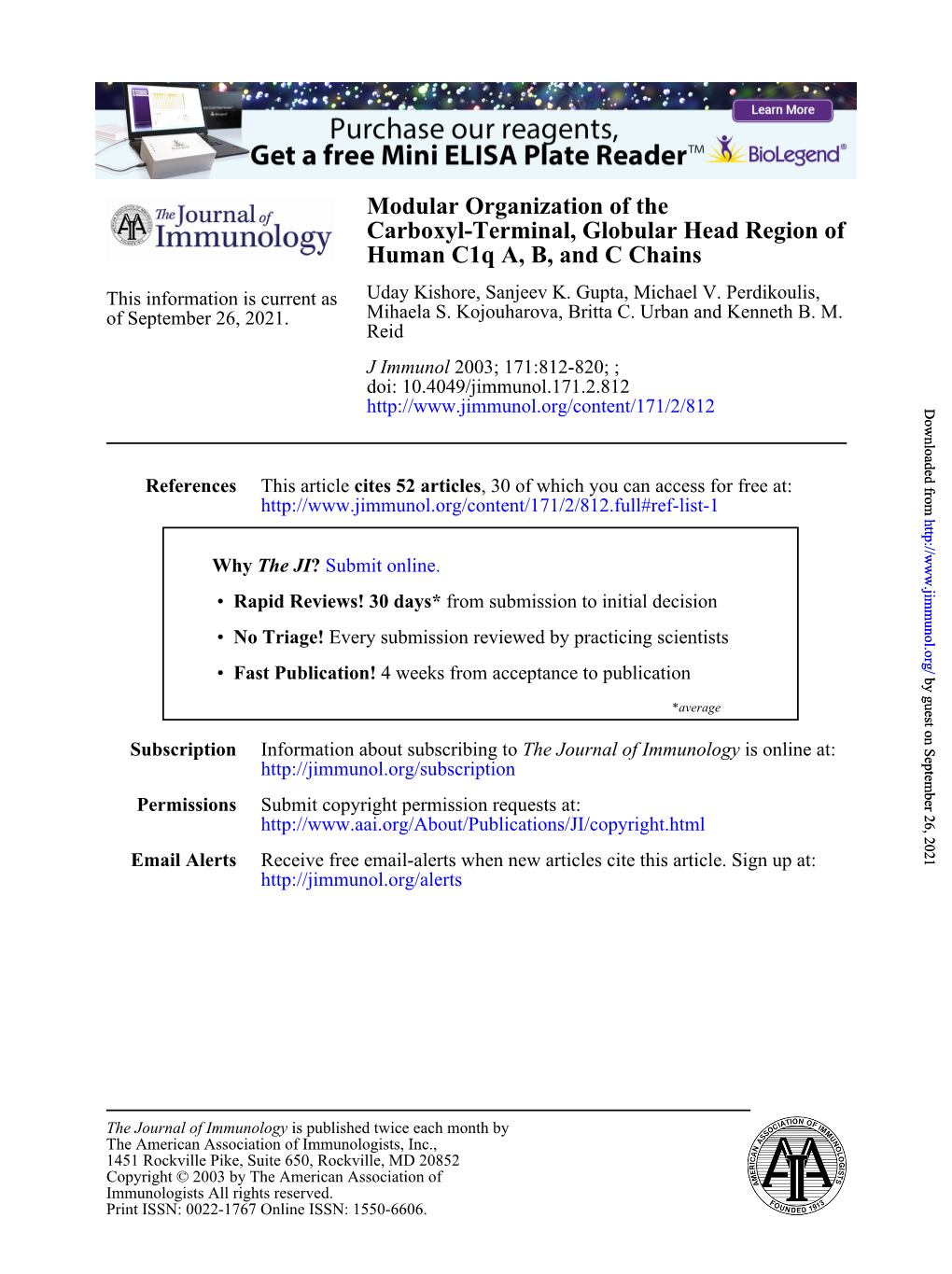 Human C1q A, B, and C Chains of Carboxyl-Terminal, Globular Head Region Modular Organization Of