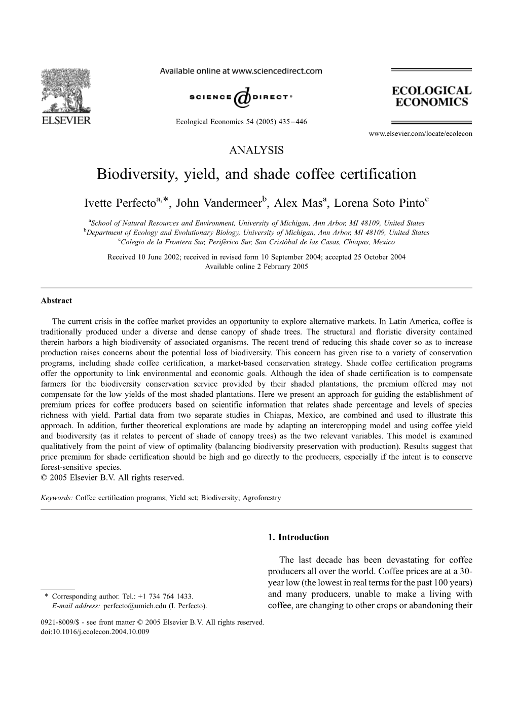 Biodiversity, Yield, and Shade Coffee Certification