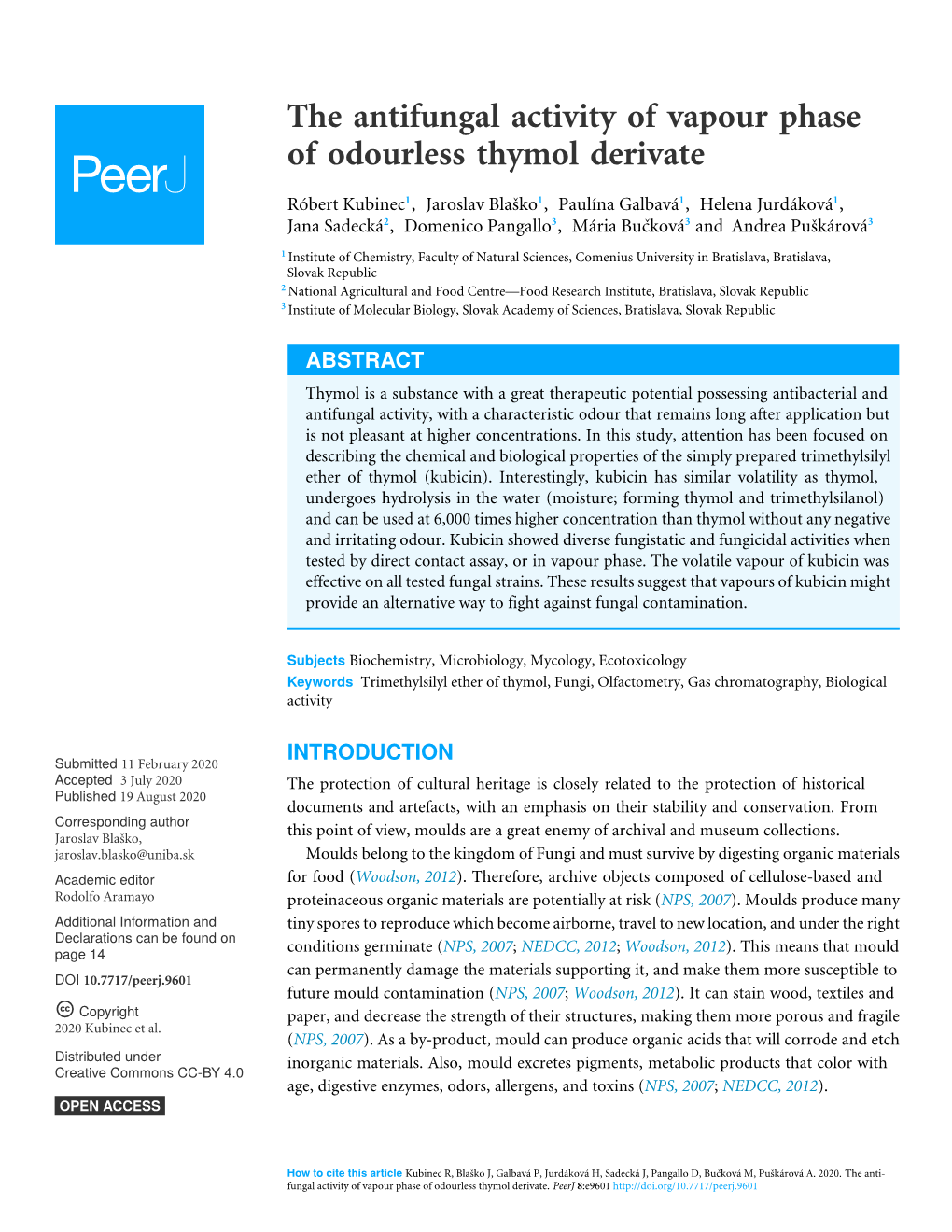 The Antifungal Activity of Vapour Phase of Odourless Thymol Derivate