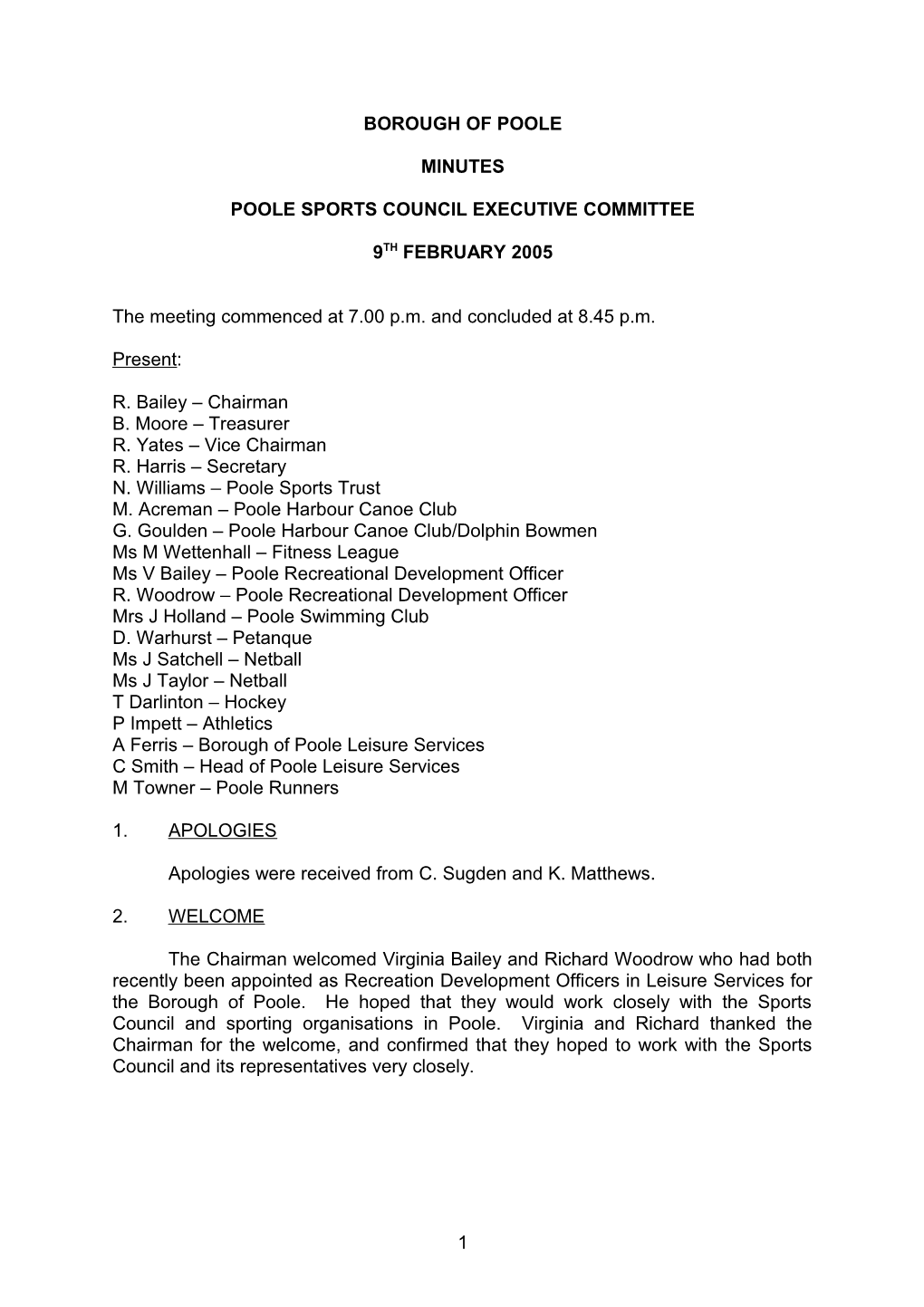 Minutes - Poole Sports Council - 9Th February 2005