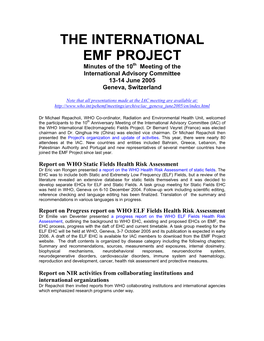 THE INTERNATIONAL EMF PROJECT Minutes of the 10Th Meeting of the International Advisory Committee 13-14 June 2005 Geneva, Switzerland