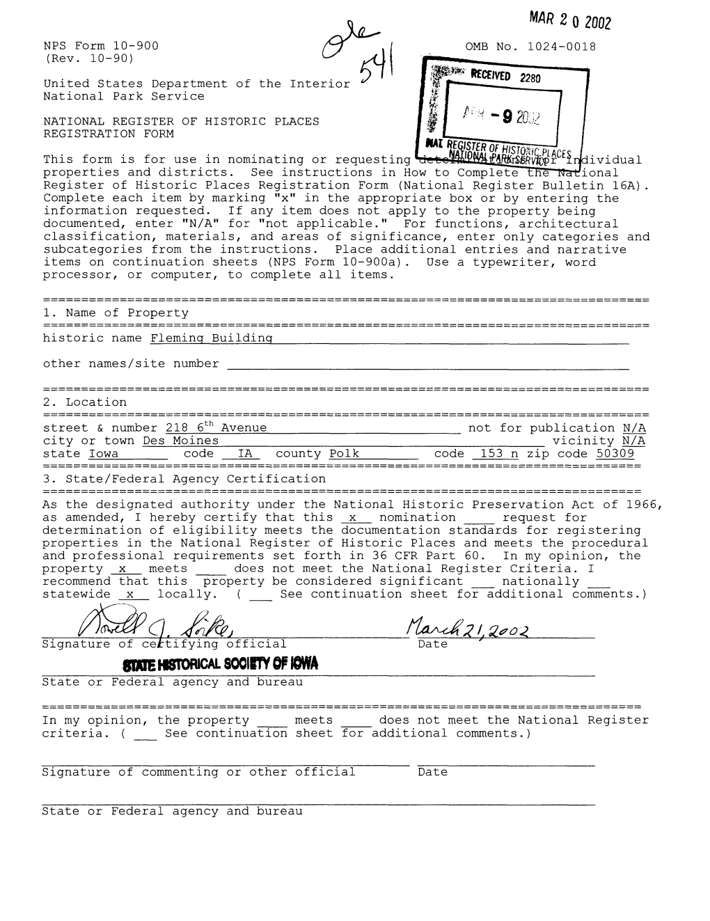 2 O 2002 NPS Form 10-900 F~J , 0MB No