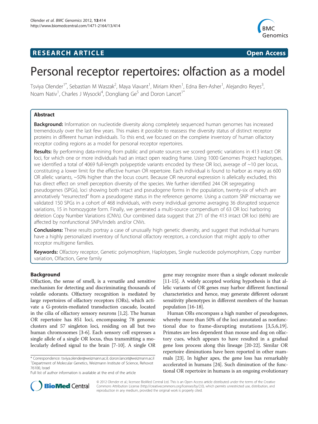 Personal Receptor Repertoires: Olfaction As a Model