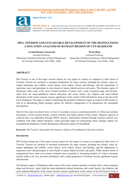 Hill Tourism and Sustainable Development of the Destinations: a Situation Analysis of Kumaon Region of Uttarakhand