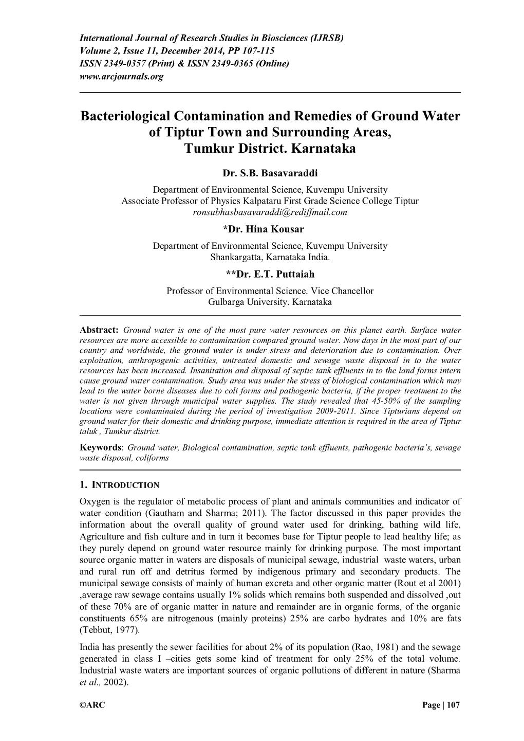 Bacteriological Contamination and Remedies of Ground Water of Tiptur Town and Surrounding Areas, Tumkur District