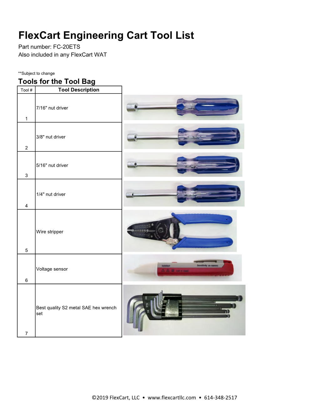 Flexcart Engineering Cart Tool List Part Number: FC-20ETS Also Included in Any Flexcart WAT