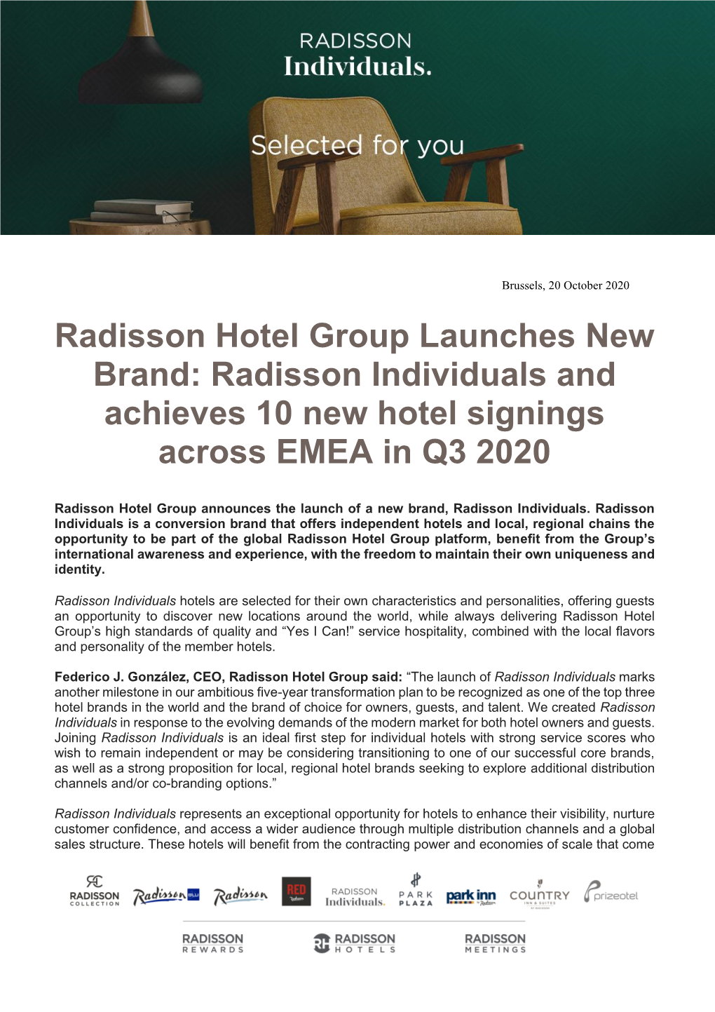 Radisson Hotel Group Launches New Brand: Radisson Individuals and Achieves 10 New Hotel Signings Across EMEA in Q3 2020