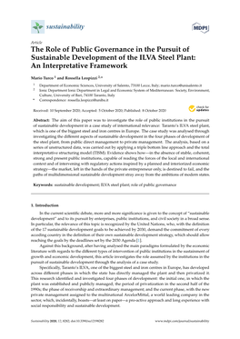 The Role of Public Governance in the Pursuit of Sustainable Development of the ILVA Steel Plant: an Interpretative Framework