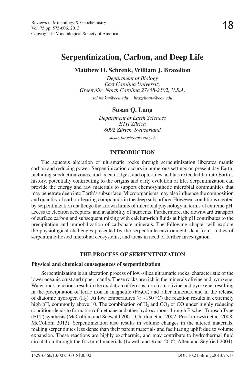 Serpentinization, Carbon, and Deep Life Matthew O