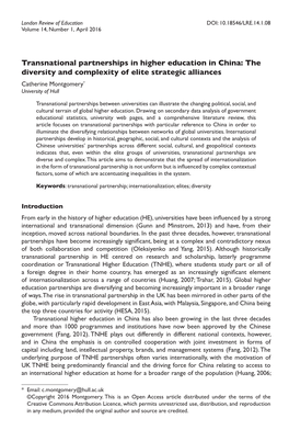 Transnational Partnerships in Higher Education in China: the Diversity and Complexity of Elite Strategic Alliances Catherine Montgomery* University of Hull