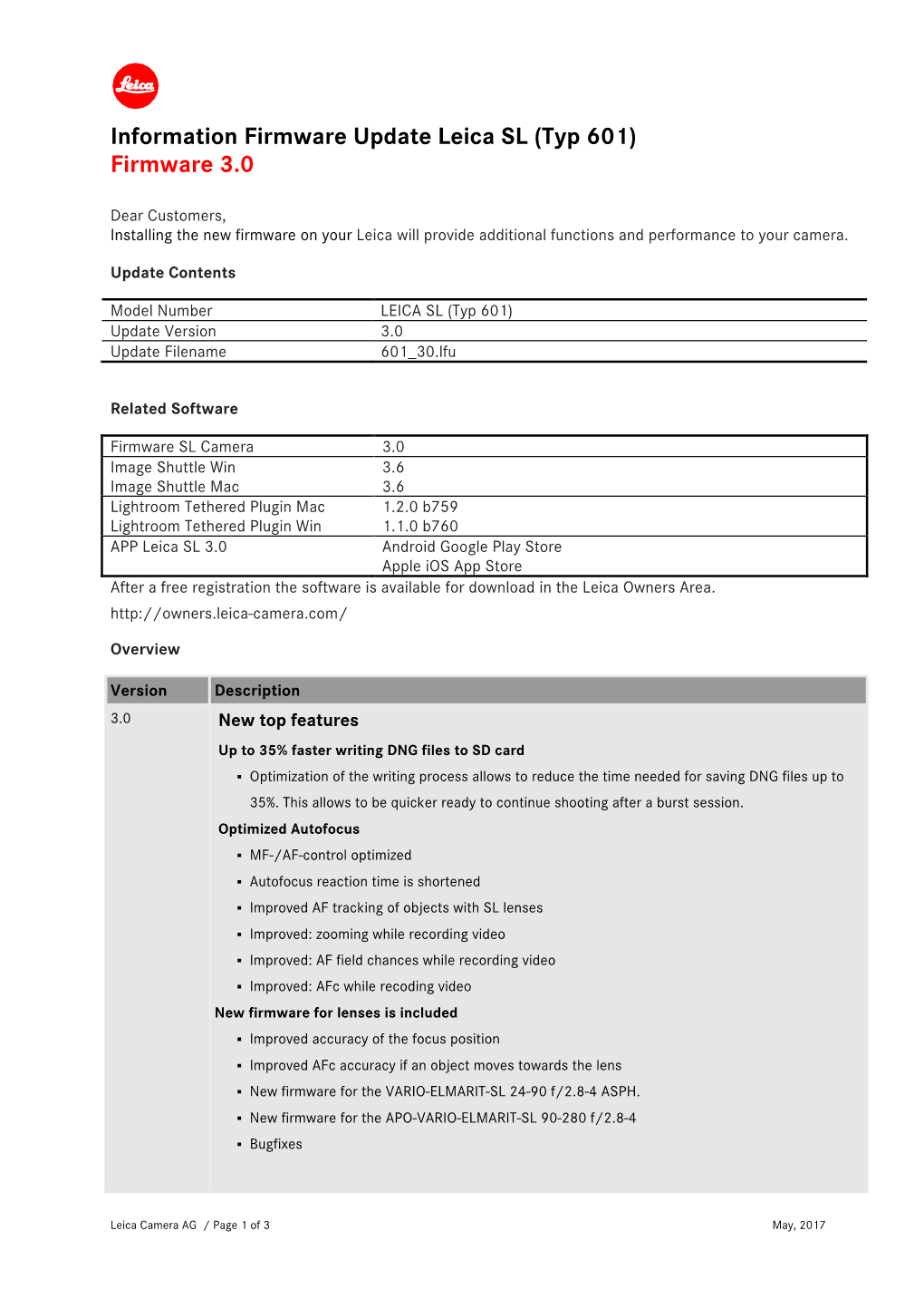 Information Firmware Update Leica SL (Typ 601) Firmware 3.0