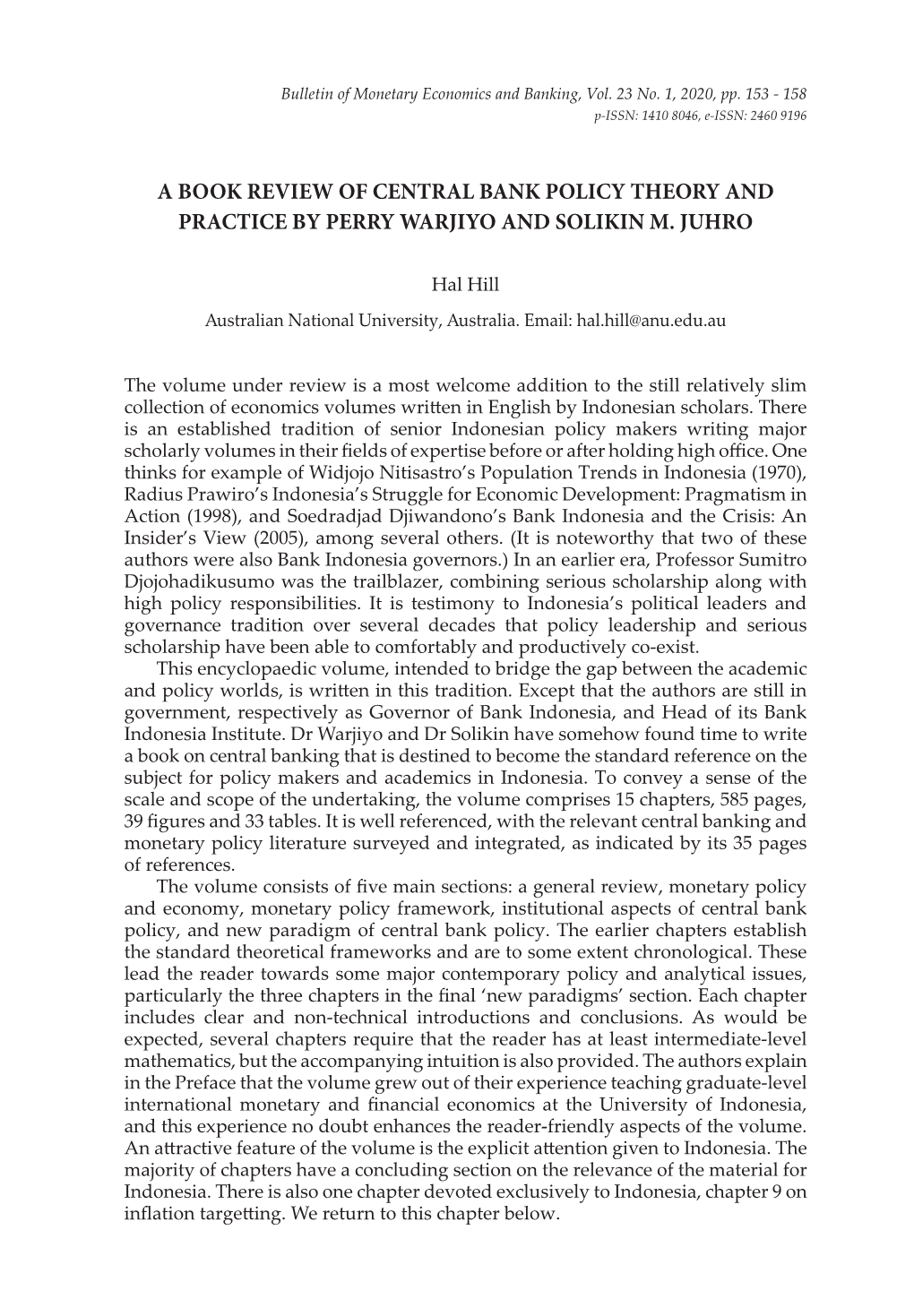 A Book Review of Central Bank Policy Theory and Practice by Perry Warjiyo and Solikin M. Juhro