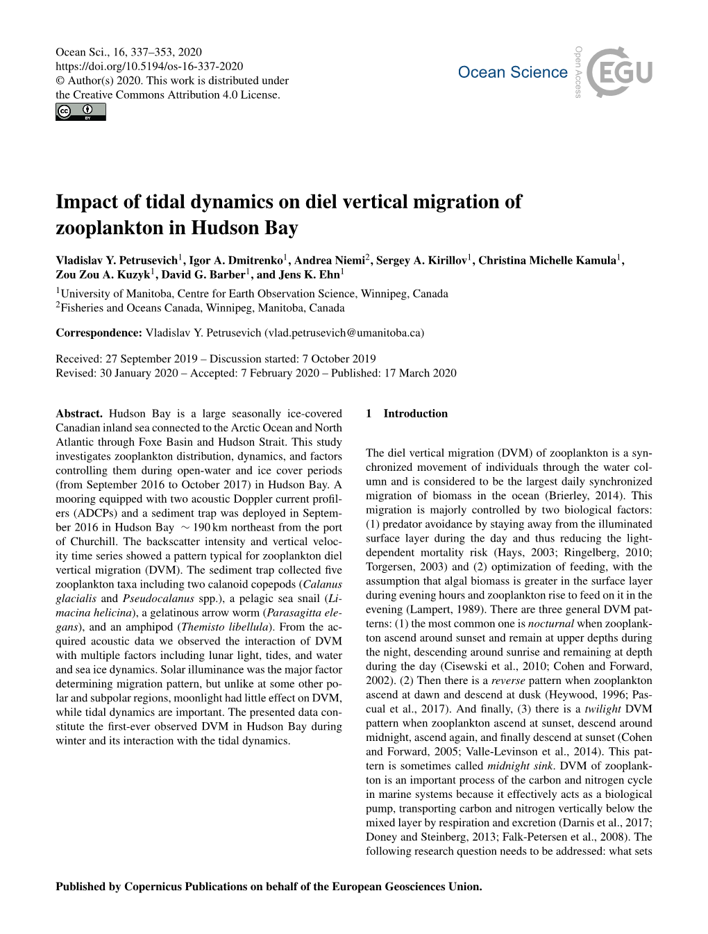 Impact of Tidal Dynamics on Diel Vertical Migration of Zooplankton in Hudson Bay