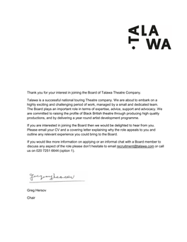 Thank You for Your Interest in Joining the Board of Talawa Theatre Company