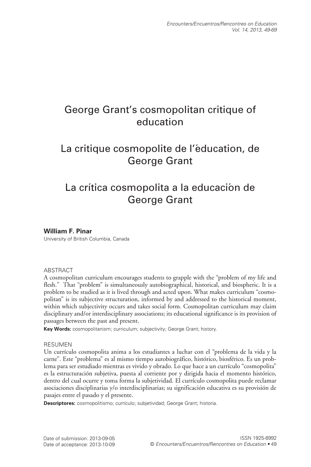 George Grant's Cosmopolitan Critique of Education