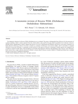 A Taxonomic Revision of Bonatea Willd. (Orchidaceae: Orchidoideae: Habenariinae) ⁎ M.E