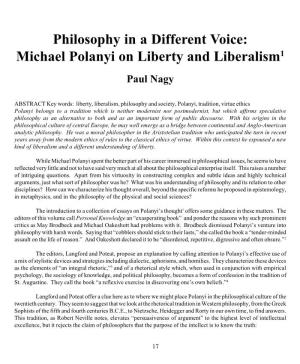 Philosophy in a Different Voice: Michael Polanyi on Liberty and Liberalism1 Paul Nagy
