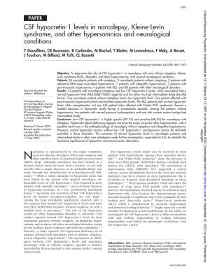 CSF Hypocretin-1 Levels in Narcolepsy, Kleine-Levin Syndrome