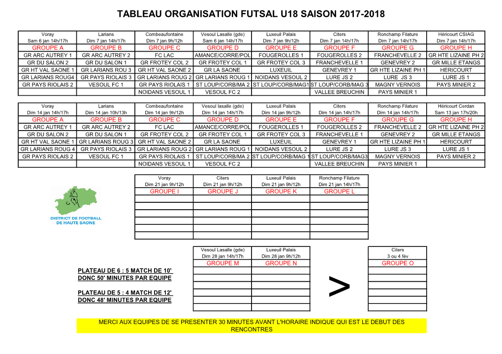 Tableau Organisation Futsal U18 Saison 2017-2018