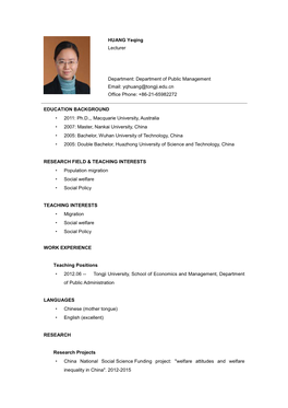 HUANG Yeqing Lecturer Department: Department of Public Management
